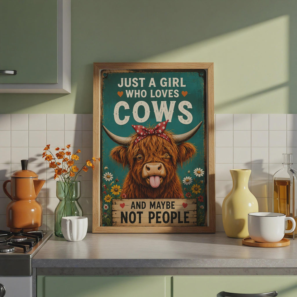 Funny Highland Cow Poster, Teal Floral Farm Animal Art, Retro Cow Print
