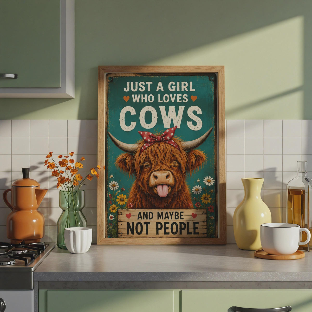 Funny Highland Cow Poster, Teal Floral Farm Animal Art, Retro Cow Print