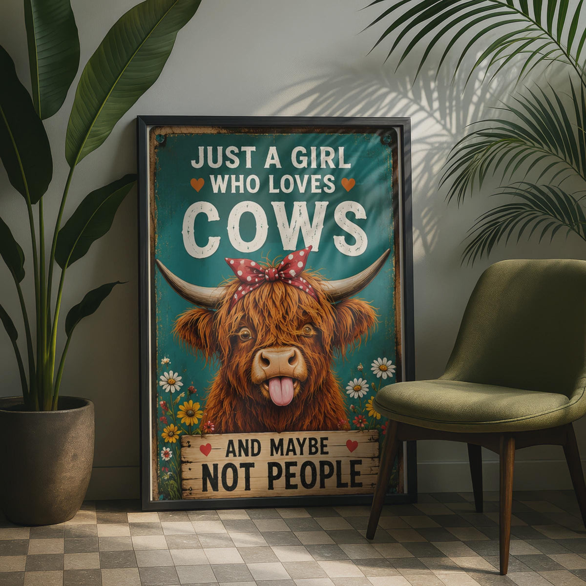 Funny Highland Cow Poster, Teal Floral Farm Animal Art, Retro Cow Print