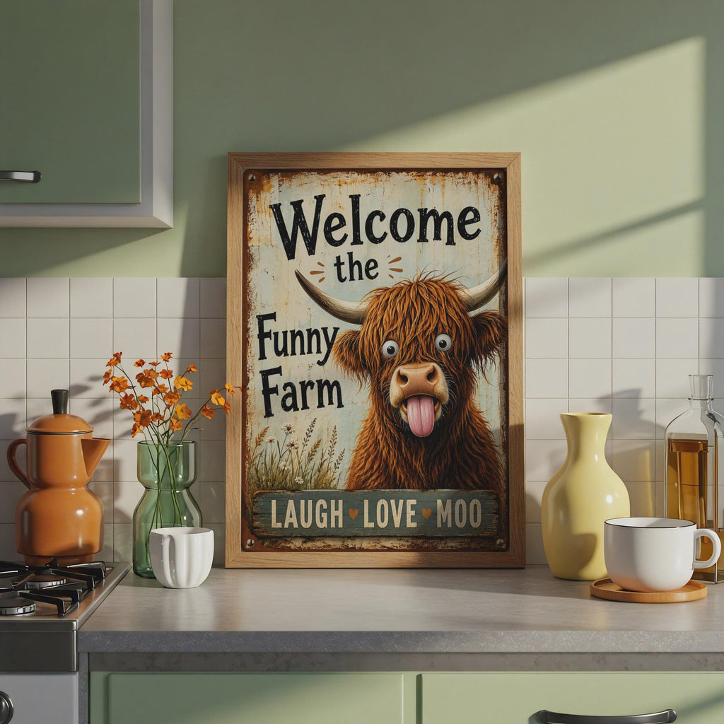 Funny Highland Cow Welcome Sign, Rustic Farmhouse Wall Art Print, Laugh Love Moo Poster