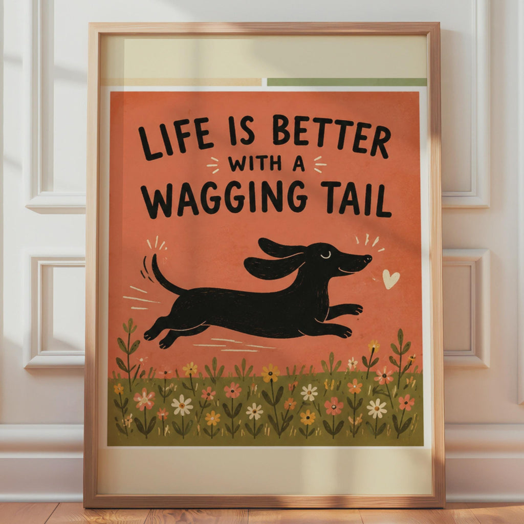 Retro Dachshund Wall Art Print, Floral Meadow, Dog Lover Gift Print