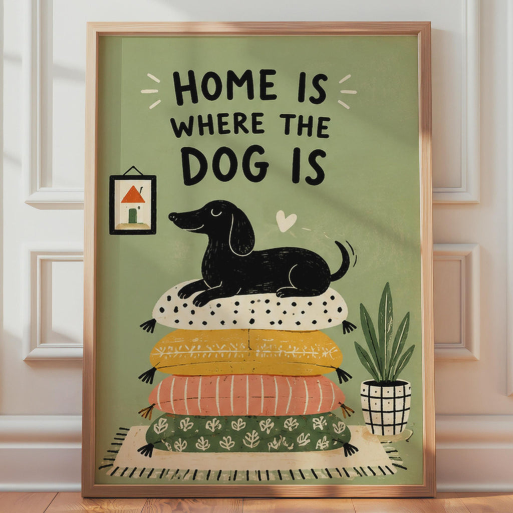 Dachshund Wall Art Print, Home Where The Dog Is, Retro Illustrated Dog Poster