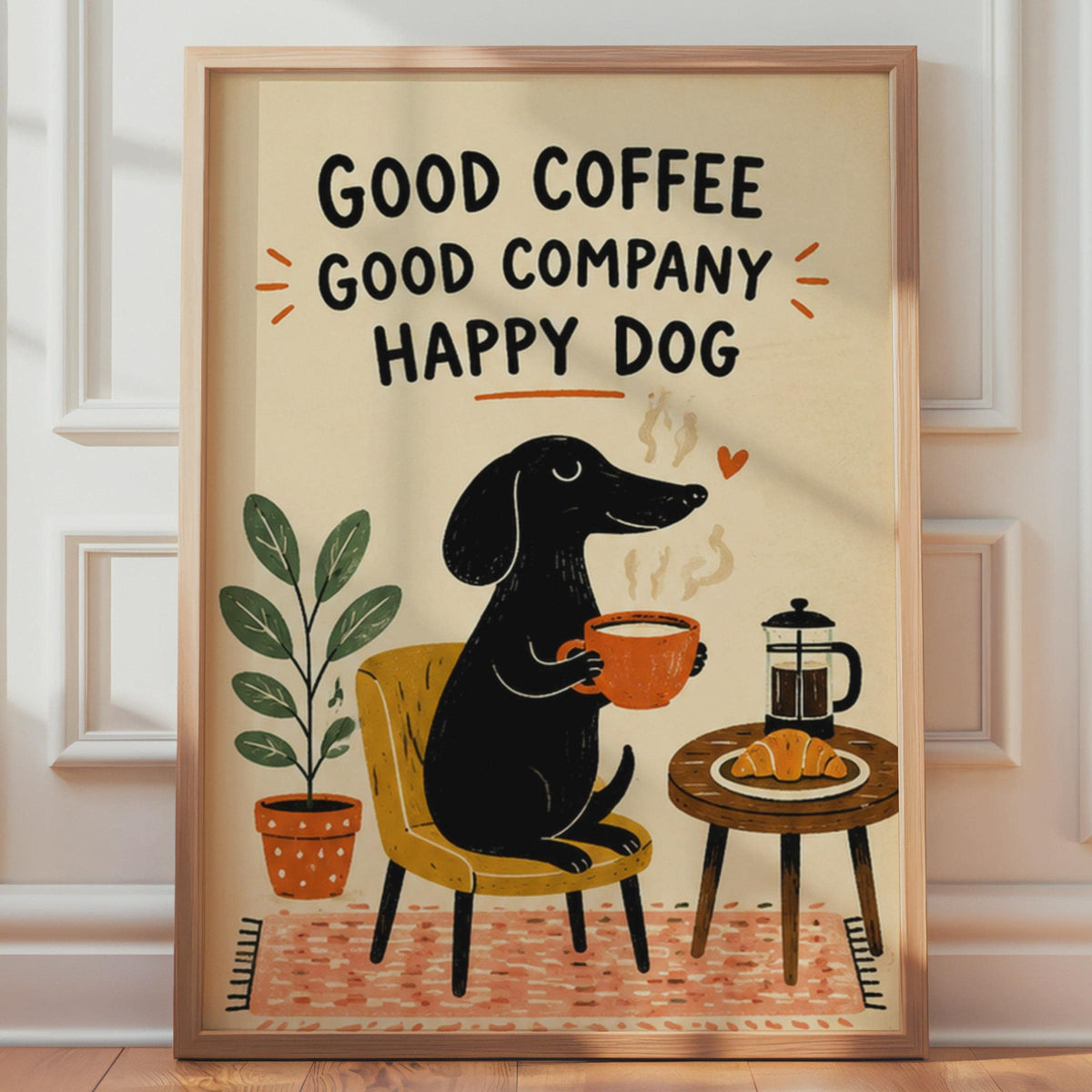 Happy Dachshund Coffee Print, Sausage Dog Wall Art, Kitchen Cafe Decor Print