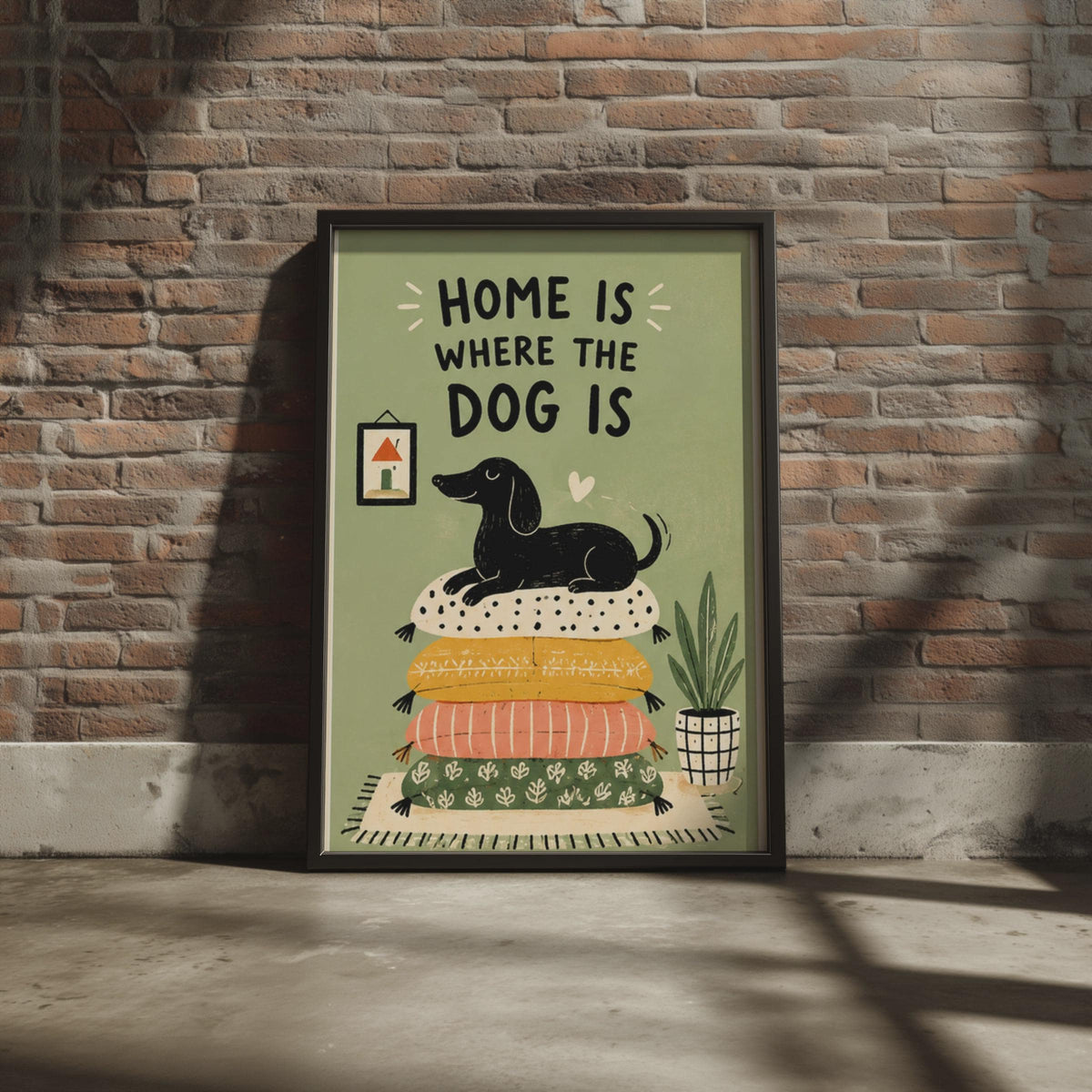Dachshund Wall Art Print, Home Where The Dog Is, Retro Illustrated Dog Poster