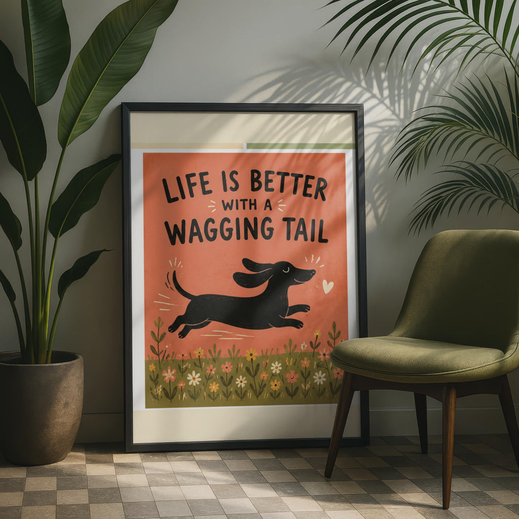 Retro Dachshund Wall Art Print, Floral Meadow, Dog Lover Gift Print