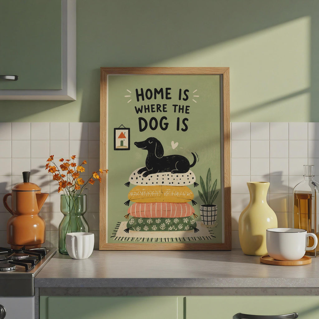 Dachshund Wall Art Print, Home Where The Dog Is, Retro Illustrated Dog Poster