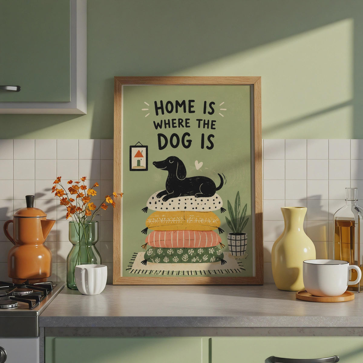 Dachshund Wall Art Print, Home Where The Dog Is, Retro Illustrated Dog Poster