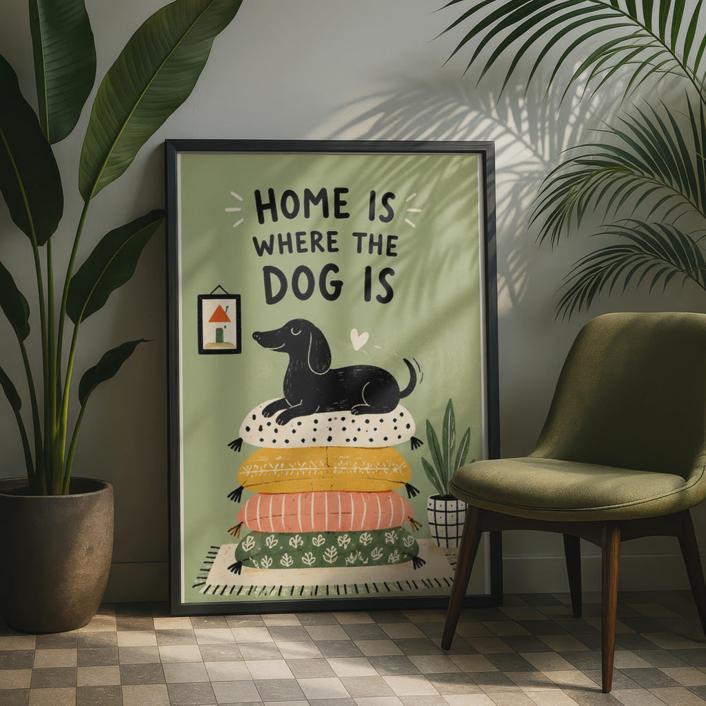 Dachshund Wall Art Print, Home Where The Dog Is, Retro Illustrated Dog Poster