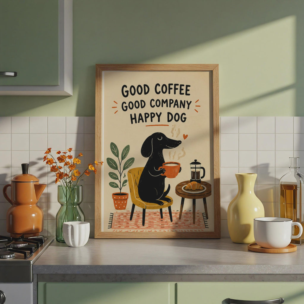 Happy Dachshund Coffee Print, Sausage Dog Wall Art, Kitchen Cafe Decor Print