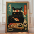 Retro Black Cat Sushi Chef Poster, Japanese Food Art Print, Teal Kitchen Decor