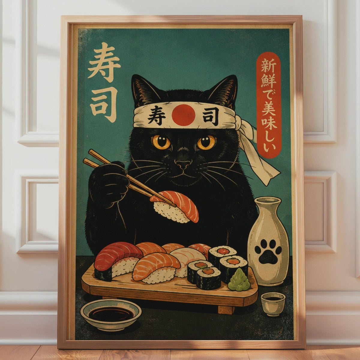 Retro Black Cat Sushi Chef Poster, Japanese Food Art Print, Teal Kitchen Decor