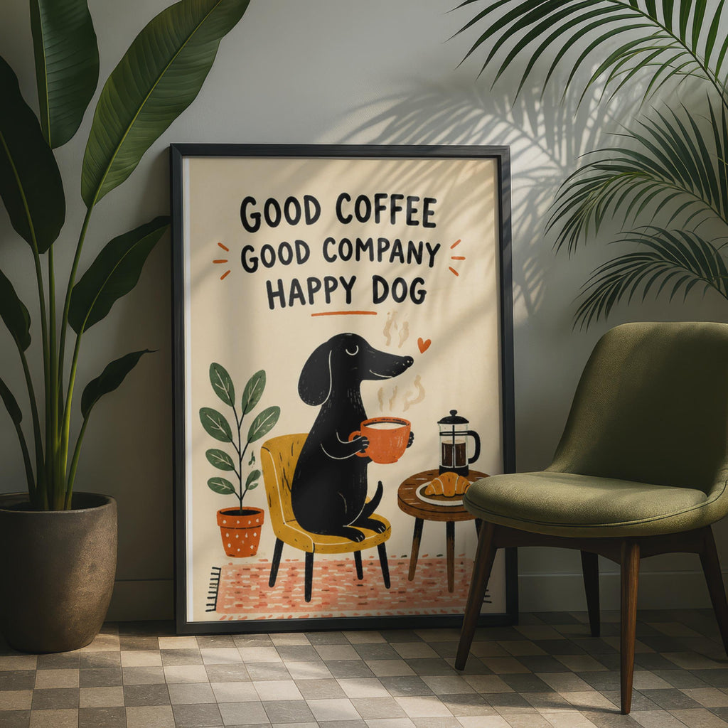 Happy Dachshund Coffee Print, Sausage Dog Wall Art, Kitchen Cafe Decor Print