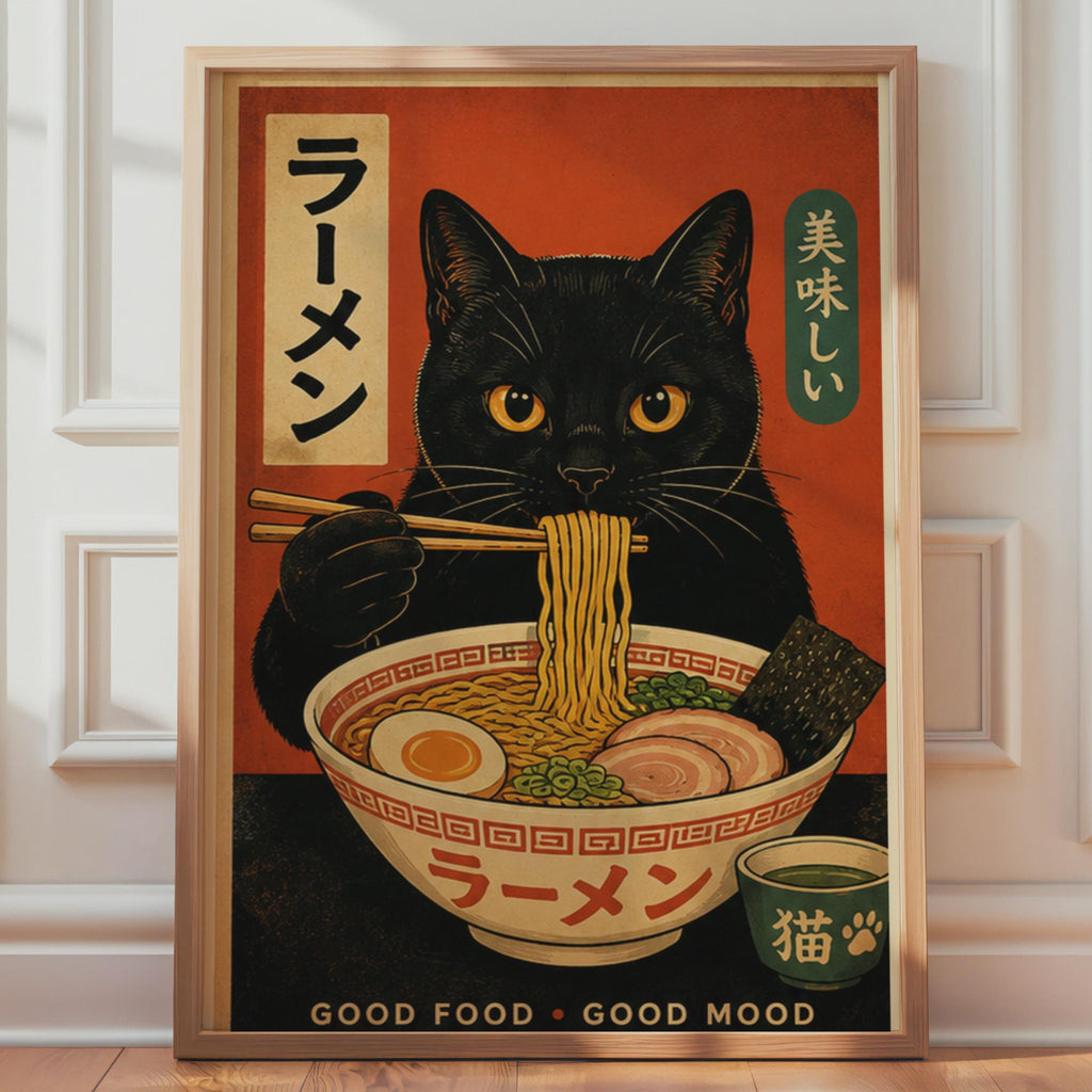 Retro Black Cat Ramen Poster, Japanese Kitchen Wall Art Print