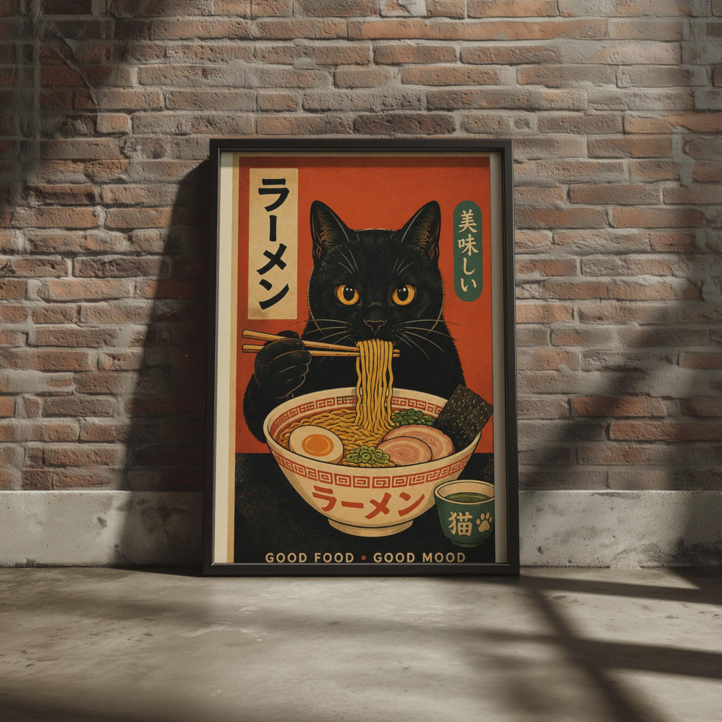 Retro Black Cat Ramen Poster, Japanese Kitchen Wall Art Print