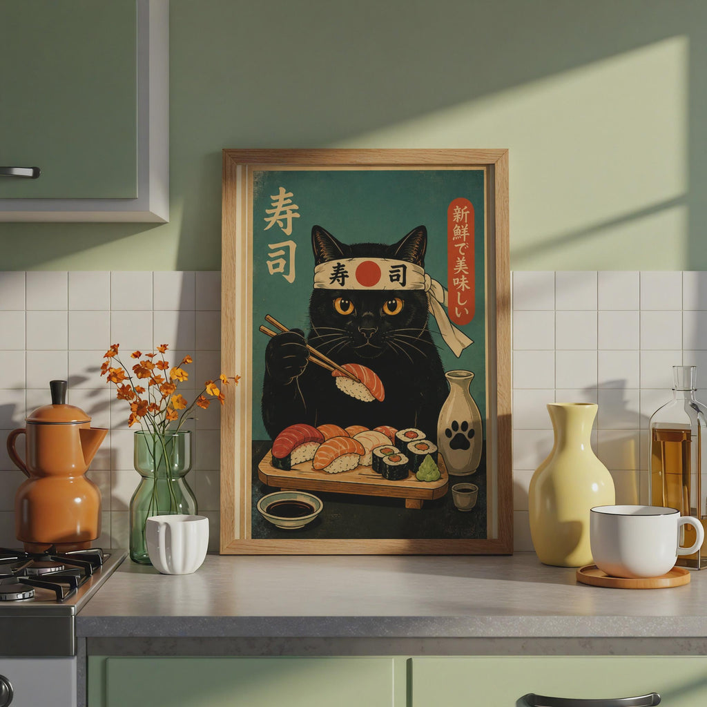 Retro Black Cat Sushi Chef Poster, Japanese Food Art Print, Teal Kitchen Decor