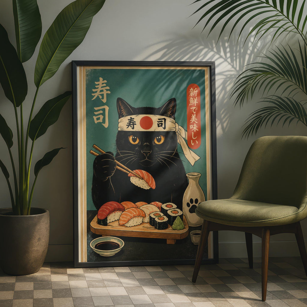 Retro Black Cat Sushi Chef Poster, Japanese Food Art Print, Teal Kitchen Decor