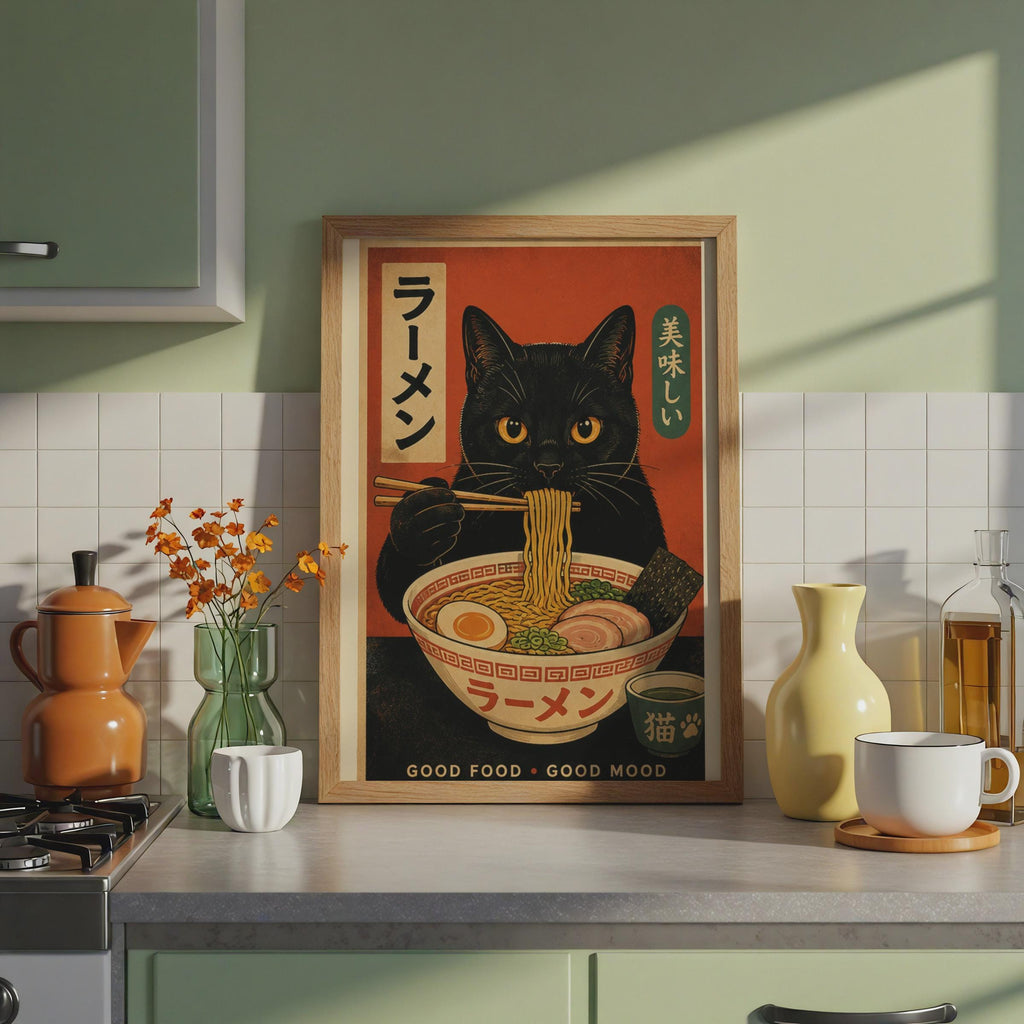 Retro Black Cat Ramen Poster, Japanese Kitchen Wall Art Print