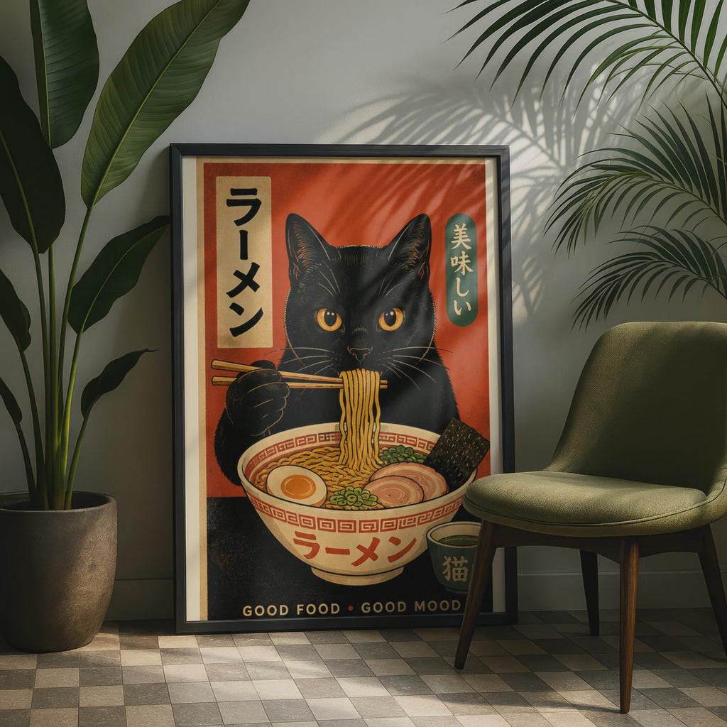 Retro Black Cat Ramen Poster, Japanese Kitchen Wall Art Print