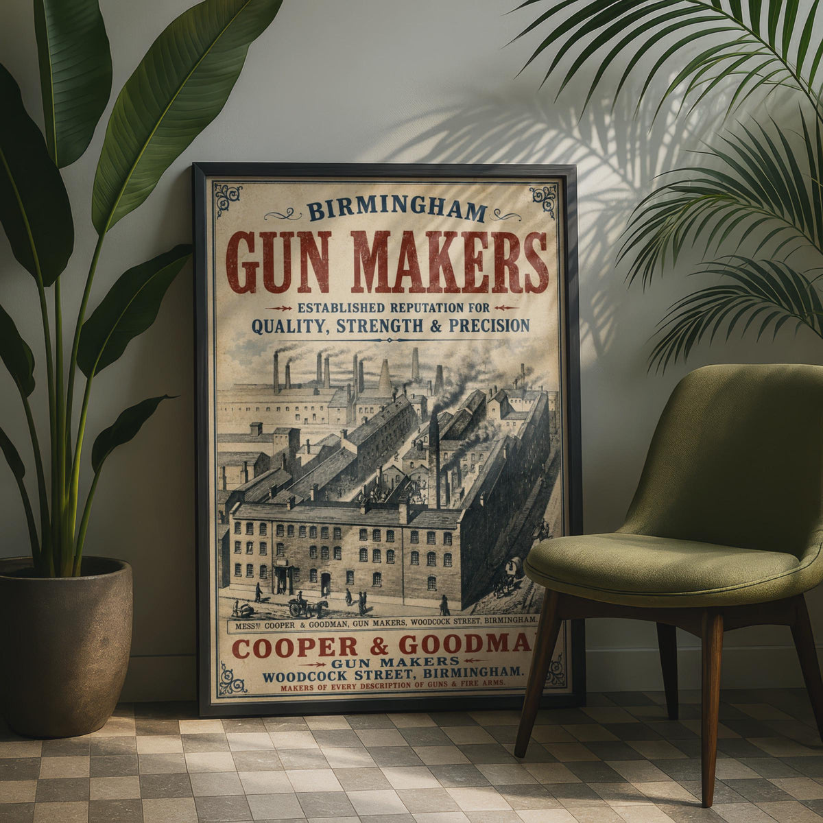 Birmingham Gun Makers Vintage Poster, Victorian Industrial Wall Art Print