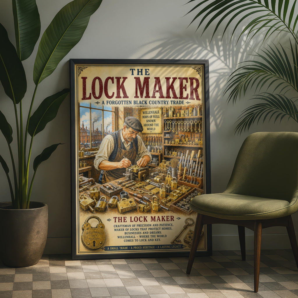 Willenhall Lock Maker Vintage Poster, Black Country Trade Wall Art Print