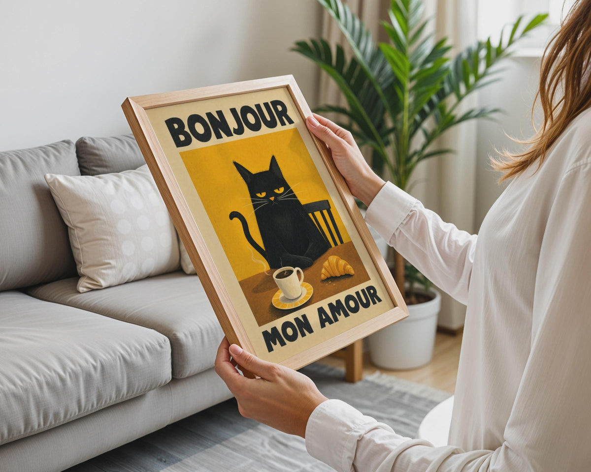 Grumpy Black Cat Coffee Poster, French Vintage Cafe Art Print, Morning Croissant Illustration print