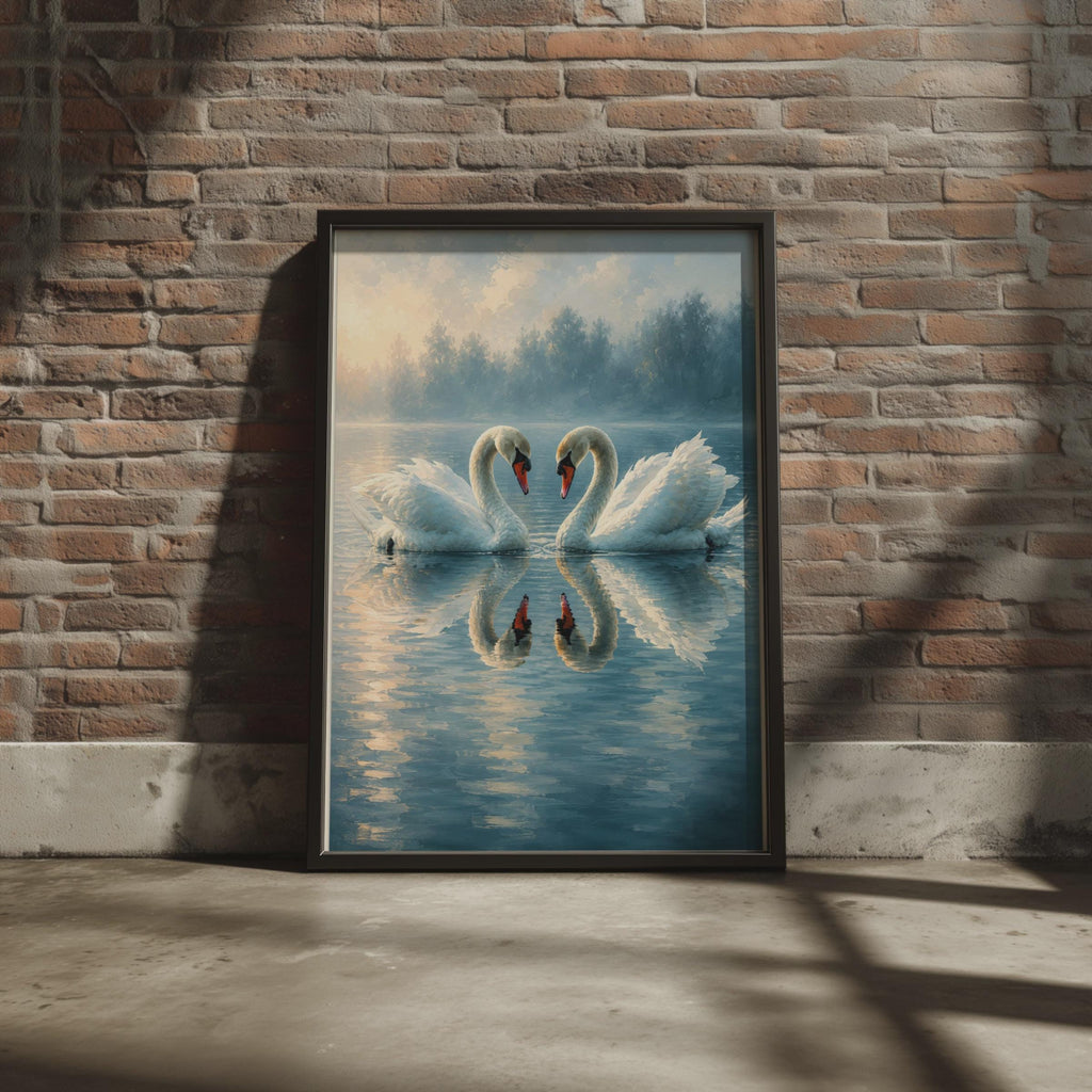 Two Swans Art Print, Hand Painted Style Lake Wall Art, Romantic Misty Nature Poster