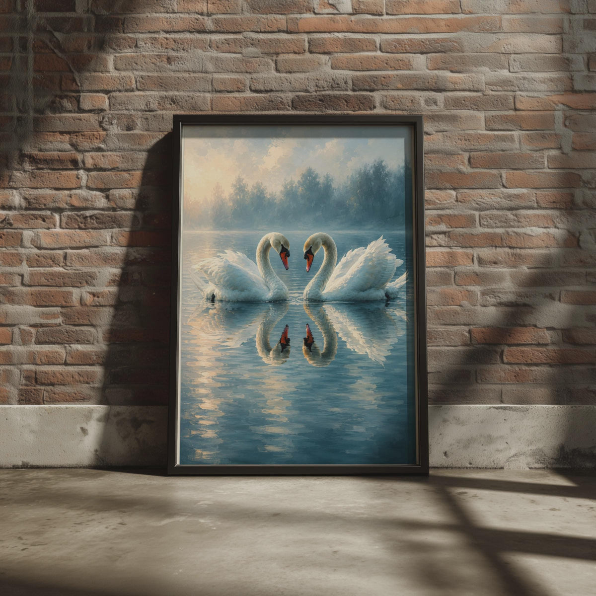 Two Swans Art Print, Hand Painted Style Lake Wall Art, Romantic Misty Nature Poster