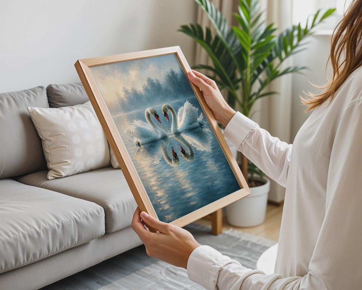 Two Swans Art Print, Hand Painted Style Lake Wall Art, Romantic Misty Nature Poster