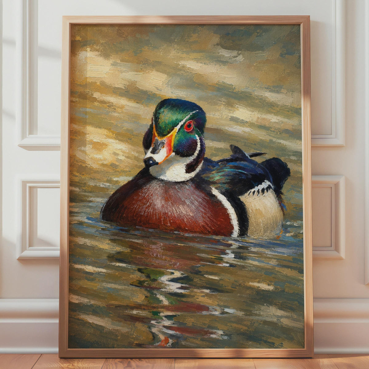 Hand-Painted Wood Duck Oil Style Poster, Wildlife Wall Art Print
