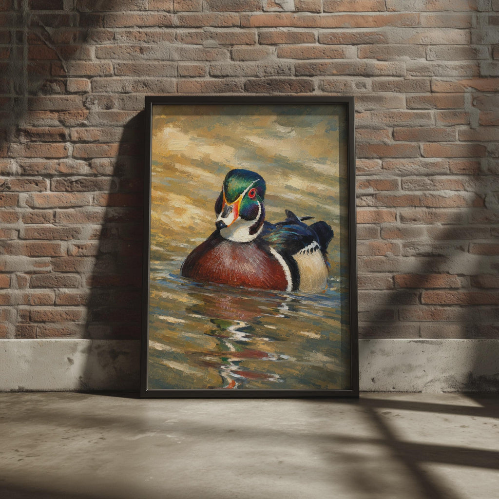 Hand-Painted Wood Duck Oil Style Poster, Wildlife Wall Art Print