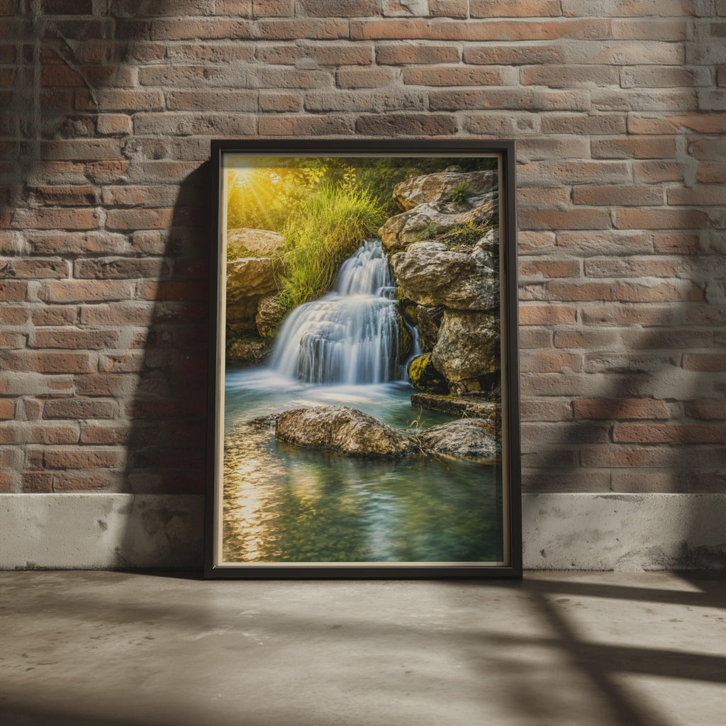 Sunlit Waterfall Print, Turquoise Pool, Golden Forest Landscape Poster