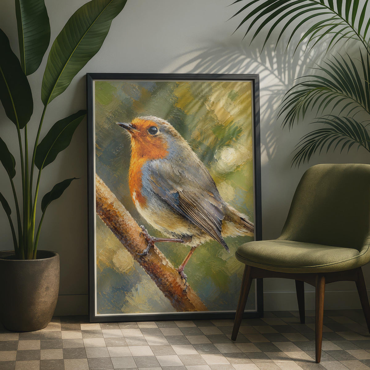 Robin Redbreast Wall Art Print, Hand Painted Bird Poster, British Garden Wildlife Decor Print