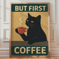 But First Coffee Black Cat Poster, Retro Kitchen Wall Art Print