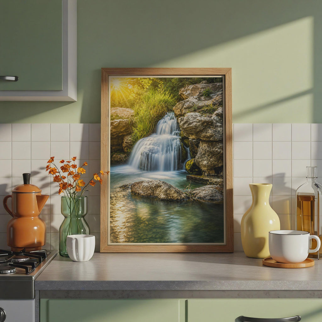 Sunlit Waterfall Print, Turquoise Pool, Golden Forest Landscape Poster