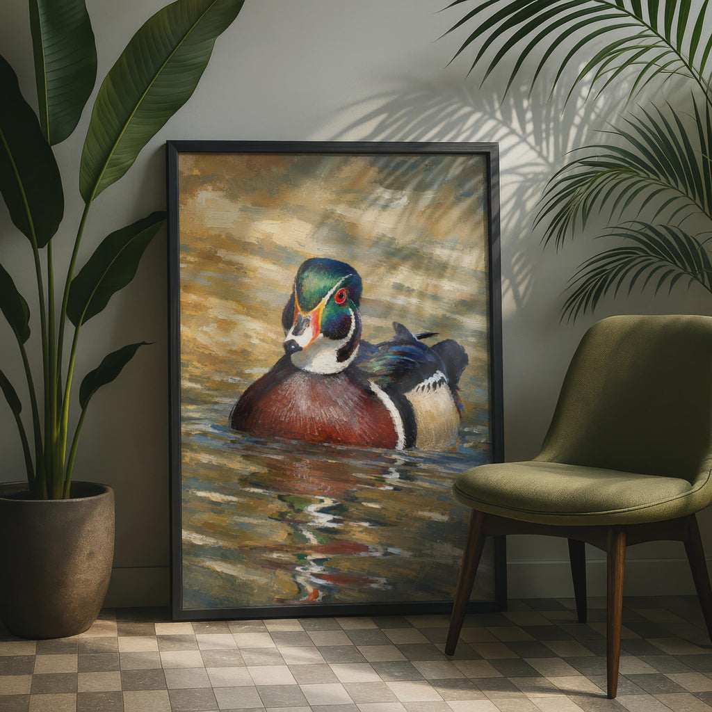 Hand-Painted Wood Duck Oil Style Poster, Wildlife Wall Art Print
