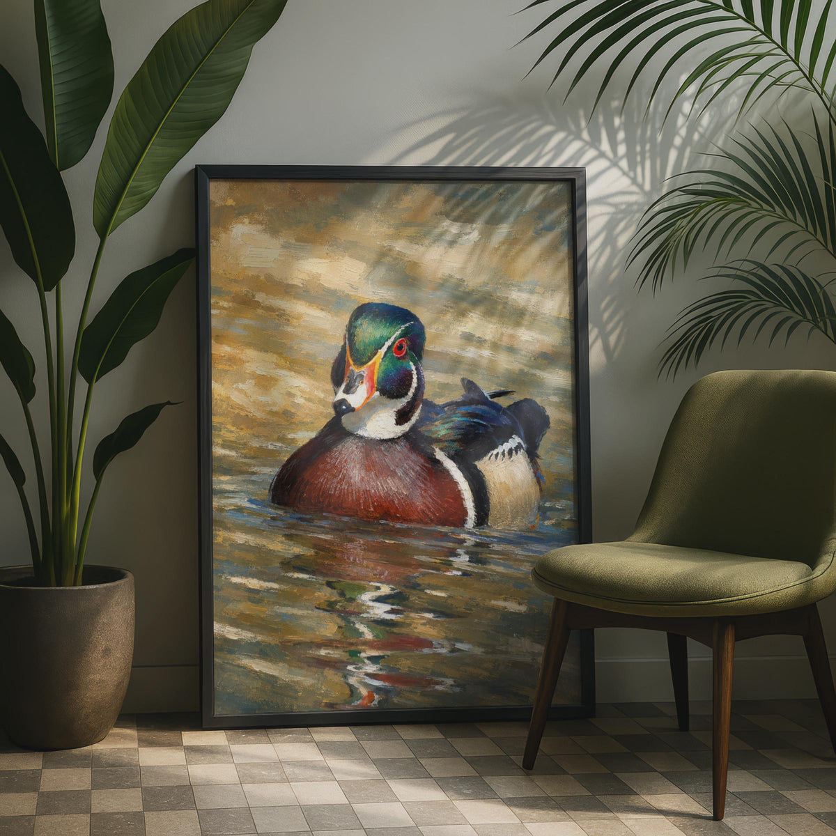 Hand-Painted Wood Duck Oil Style Poster, Wildlife Wall Art Print