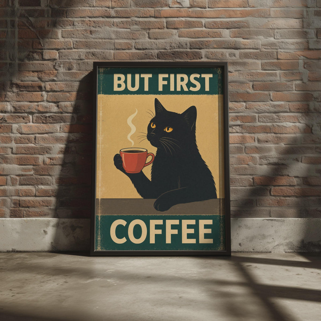 But First Coffee Black Cat Poster, Retro Kitchen Wall Art Print