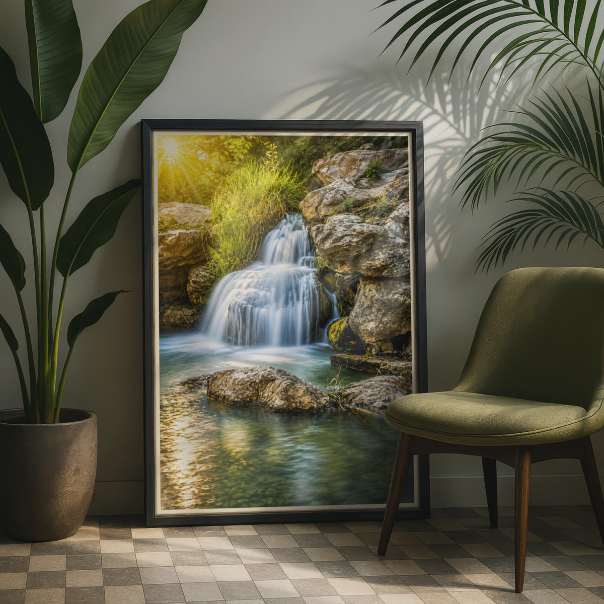 Sunlit Waterfall Print, Turquoise Pool, Golden Forest Landscape Poster