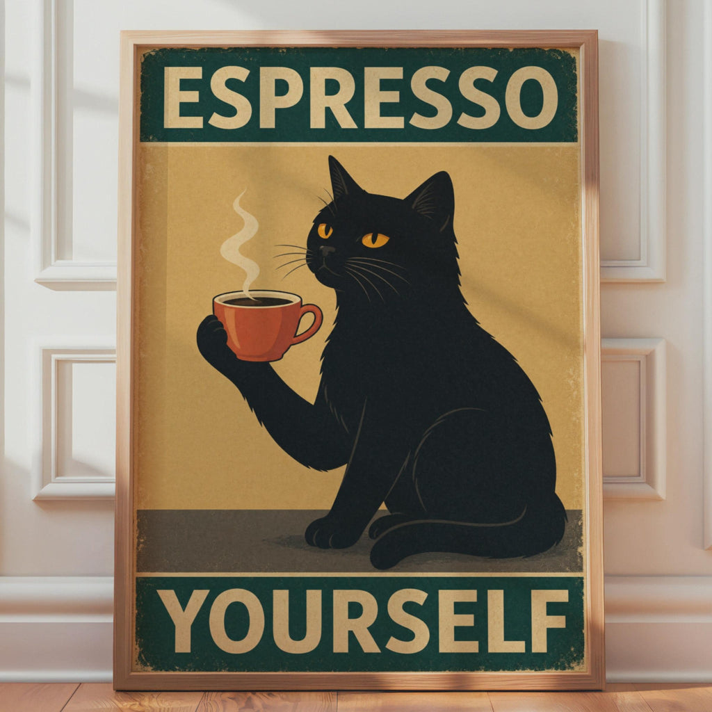 Black Cat Espresso Yourself Retro Poster, Funny Coffee Wall Art Print