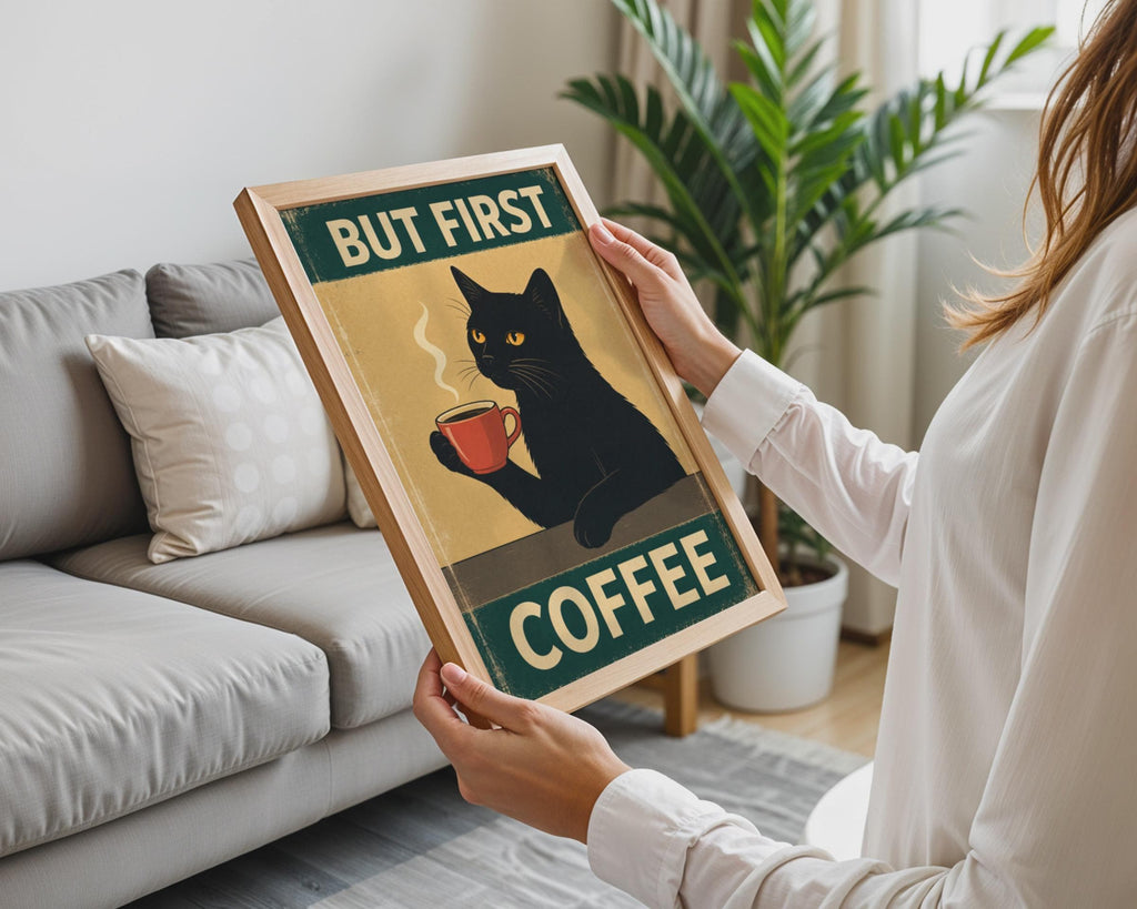 But First Coffee Black Cat Poster, Retro Kitchen Wall Art Print