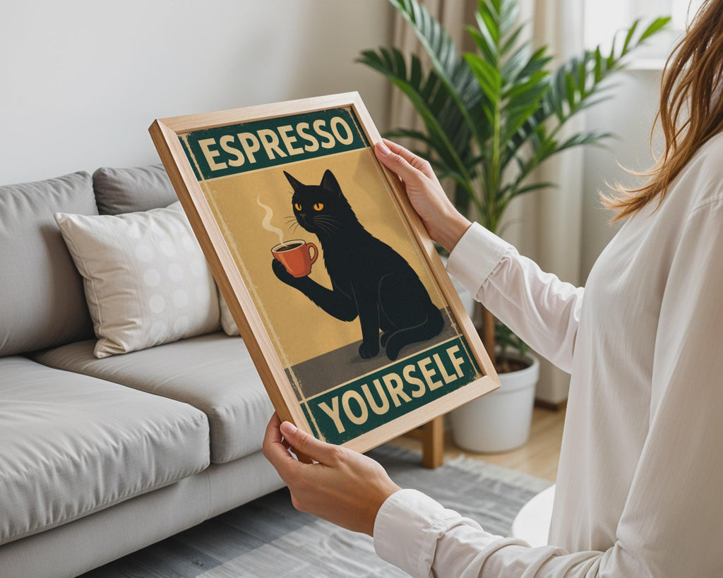 Black Cat Espresso Yourself Retro Poster, Funny Coffee Wall Art Print