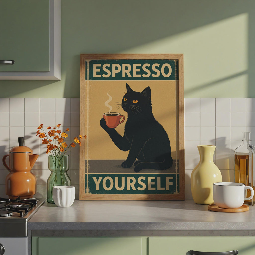 Black Cat Espresso Yourself Retro Poster, Funny Coffee Wall Art Print