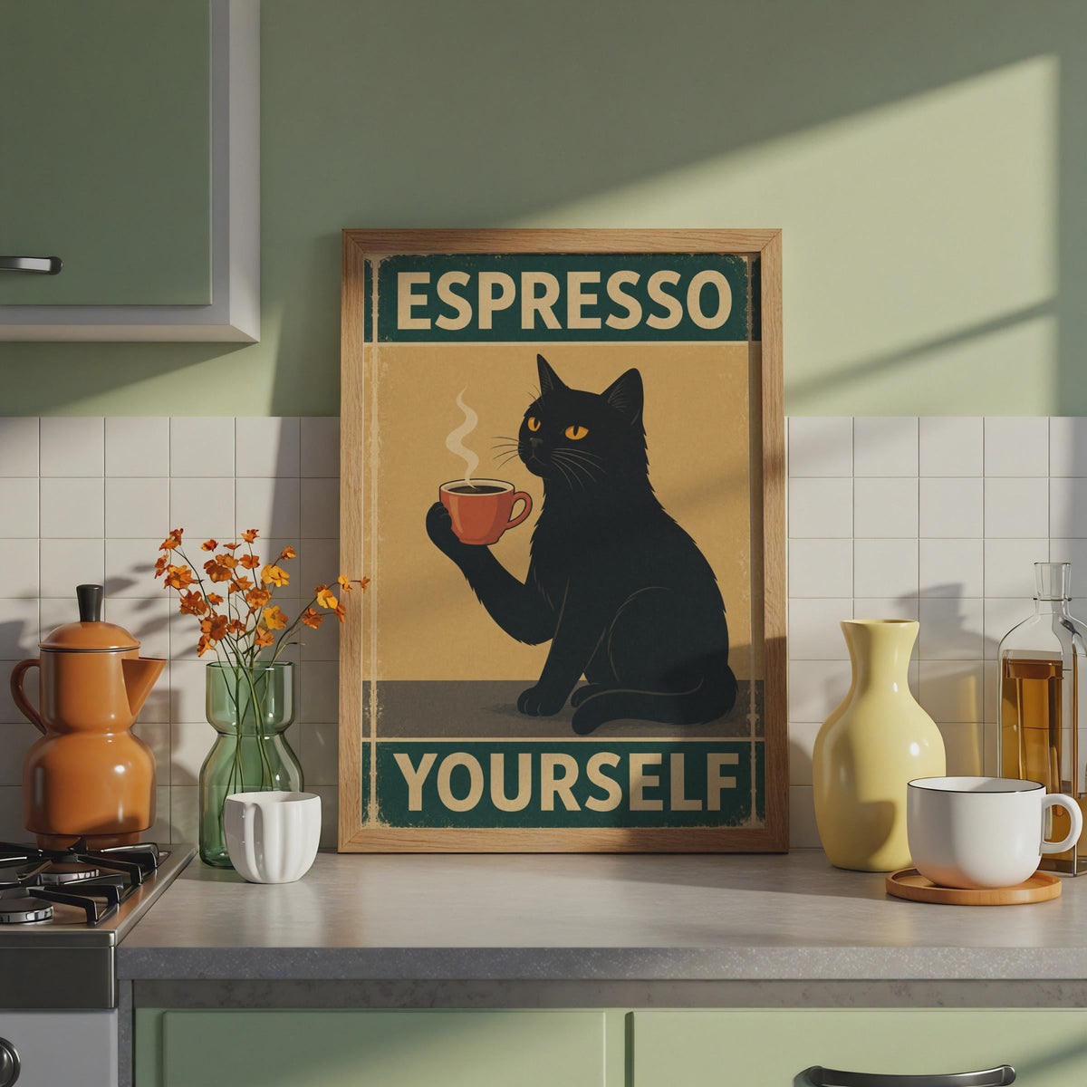 Black Cat Espresso Yourself Retro Poster, Funny Coffee Wall Art Print