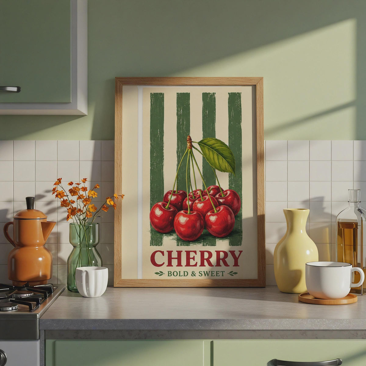 Vintage Cherry Poster, Retro Fruit Crate Kitchen Wall Art, Farmhouse Print