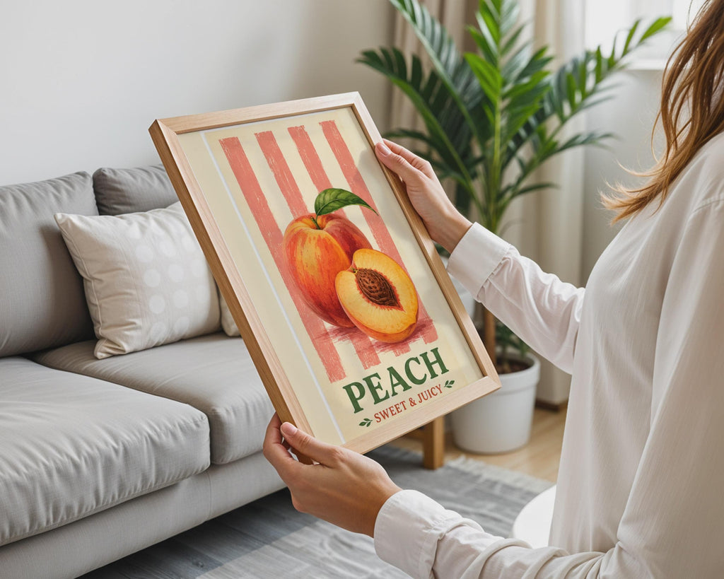 Retro Peach Sweet Juicy Fruit Poster, Vintage Kitchen Wall Art Print