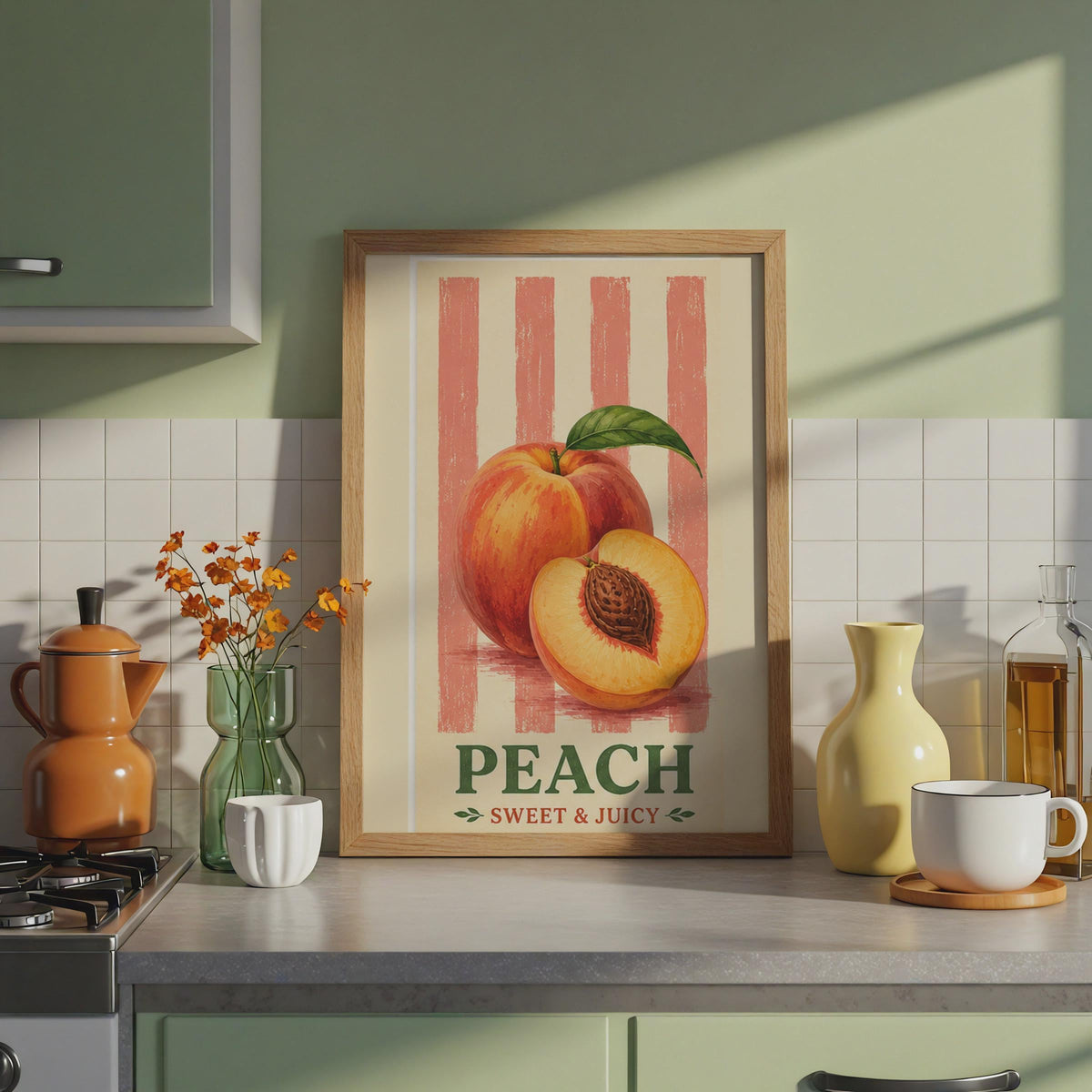 Retro Peach Sweet Juicy Fruit Poster, Vintage Kitchen Wall Art Print