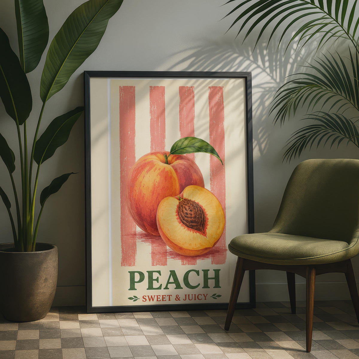 Retro Peach Sweet Juicy Fruit Poster, Vintage Kitchen Wall Art Print