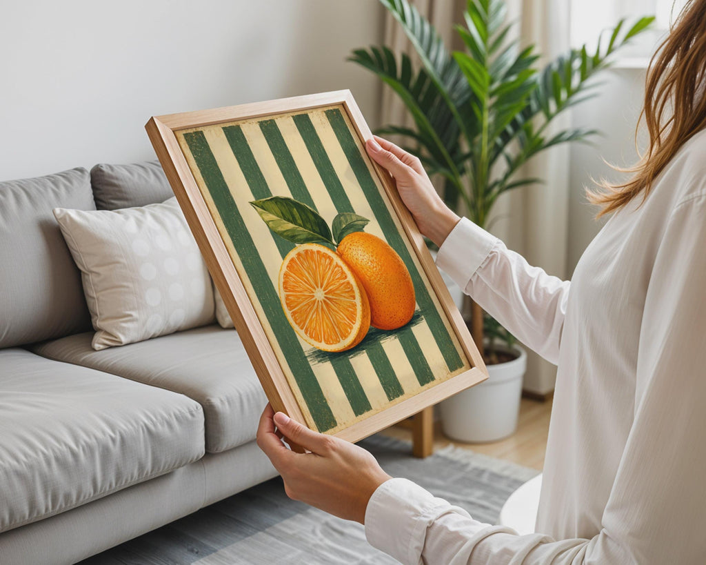 Retro Orange Citrus Print, Green Stripe Botanical Kitchen Wall Art