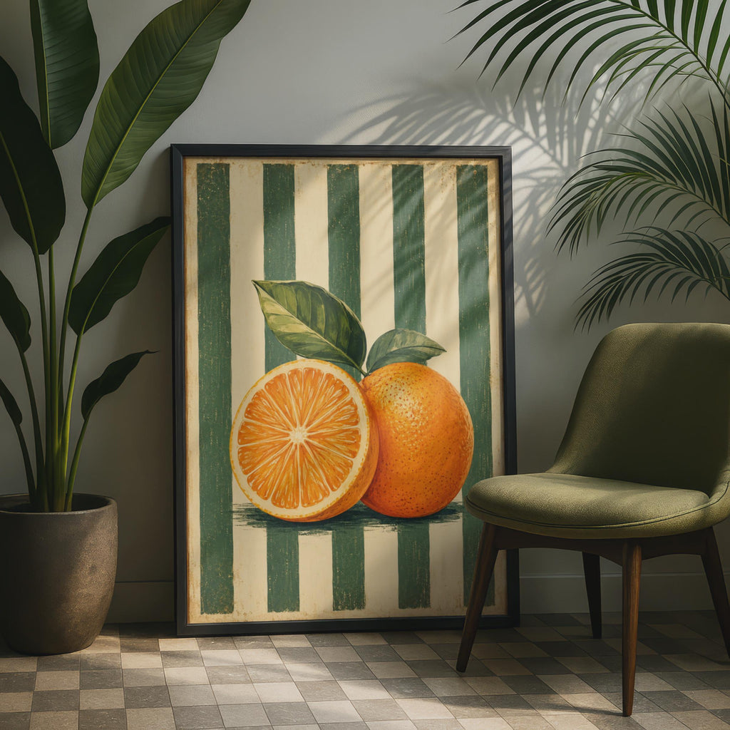 Retro Orange Citrus Print, Green Stripe Botanical Kitchen Wall Art