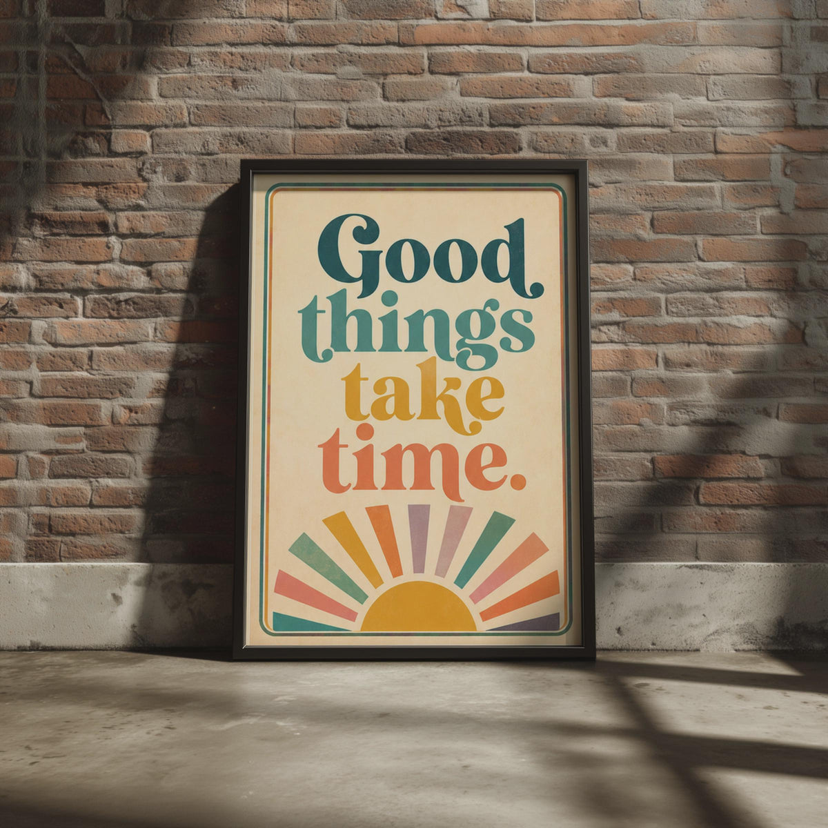 Retro 70s Sunburst Poster, Good Things Take Time Quote, Boho Typography Wall Art